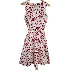 VTG New Looks California Sz 10/M White Red Floral Sleeveless‎ Midi Dress Belted